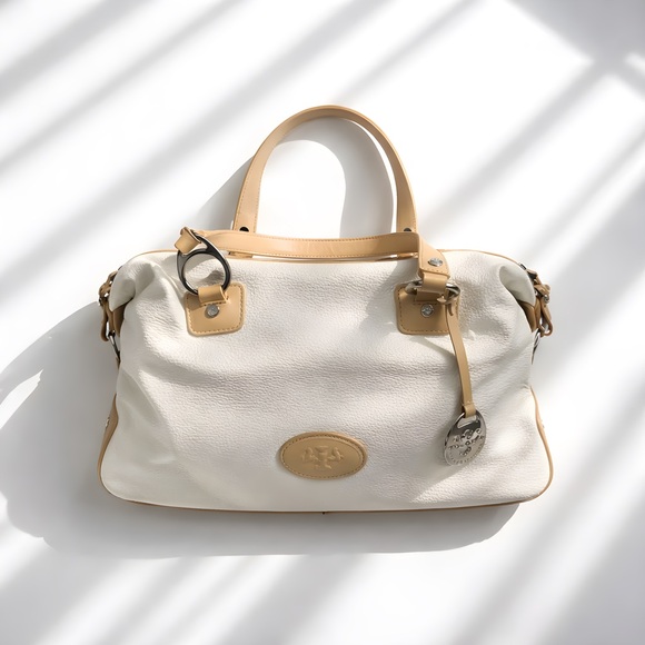 Prix de Dressage Handbags - Prix de Dressage White Pebbled Leather Satchel Bag Tan Trim Red Lining